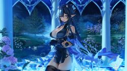 1girl 666rottenflesh absurdres artist_name black_dress black_gloves black_hair blue_eyes blue_hair breasts colored_inner_hair detached_sleeves dress ear_piercing flower gloves hair_intakes highres horns indie_virtual_youtuber large_breasts long_hair looking_at_viewer mika_boogey_(vtuber) multicolored_hair night piercing pointy_ears side_slit solo thighhighs virtual_youtuber