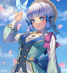 1girl 1other aqua_eyes aqua_hair ayaka_(genshin_impact) blue_dress blue_sky blunt_bangs blunt_sidelocks blush braid breasts brown_hat butterfly_hair_ornament cloud crown_braid crystalfly_(genshin_impact) dress falling_petals flower genshin_impact hair_flower hair_ornament hat highres jewelry kamisato_ayaka kamisato_ayaka_(springbloom_missive) l4st_resort long_hair looking_at_viewer medium_breasts mole mole_under_eye official_alternate_costume official_alternate_hairstyle parted_lips petals sidelocks sky solo upper_body