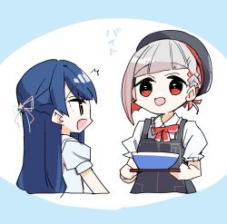 Rule 34 | 2girls, :d, alternate costume, apron, beret, black apron, black hat, blue hair, bowl, braid, collared shirt, colored inner hair, commentary request, diagonal bangs, frilled shirt collar, frills, grey hair, hachiban ramen, hachiban ramen uniform, hasu no sora school uniform, hat, highres, holding, holding tray, kanduki kamibukuro, link! like! love live!, looking at another, love live!, multicolored hair, multiple girls, murano sayaka, neck ribbon, open mouth, part time job, puffy short sleeves, puffy sleeves, red eyes, red hair, red ribbon, ribbon, sailor collar, school uniform, shirt, short hair, short sleeves, side braid, smile, streaked hair, summer uniform, tray, virtual youtuber, white sailor collar, white shirt, yugiri tsuzuri