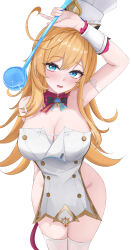 1girl absurdres apron arm_strap arm_up bare_shoulders blonde_hair blue_eyes blush breasts chef_hat cleavage commentary_request cowlick escoffier_(genshin_impact) genshin_impact gold_trim hair_between_eyes hat highres holding holding_ladle izumiillus ladle large_breasts long_hair looking_at_viewer naked_apron open_mouth simple_background solo standing thighhighs thighs white_apron white_background white_hat white_thighhighs wrist_cuffs