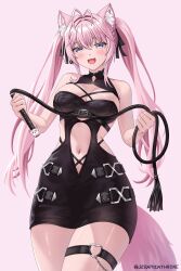 1girl animal_ears antenna_hair black_dress black_ribbon breasts cleavage dress hair_ribbon hakui_koyori hakui_koyori_(dark_maid) heart heart_o-ring highres holding holding_rope hololive large_breasts long_hair looking_at_viewer navel o-ring o-ring_thigh_strap pink_eyes pink_hair ribbon rope seraphim_throne smile solo tail thigh_strap twintails very_long_hair virtual_youtuber wolf_ears wolf_girl wolf_tail