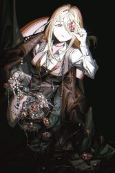 Rule 34 | 1girl, absurdres, black necktie, blonde hair, blue gemstone, brooch, chest jewel, chinese commentary, commentary request, formal clothes, gem, gold, gold trim, green gemstone, highres, holding, holding jewelry, jacket, jewelry, ligne claire, long hair, necklace, necktie, no headwear, open clothes, open jacket, pearl necklace, red gemstone, reverse:1999, sitting, solo, suit, tennant (reverse:1999), zhizhizi