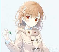 1girl brown_coat brown_eyes brown_hair charm_(object) coat commentary_request dated duffel_coat eritri gekota hair_ornament hairpin long_hair looking_at_viewer misaka_mikoto short_hair signature simple_background solo thighhighs toaru_kagaku_no_railgun toaru_majutsu_no_index upper_body white_thighhighs