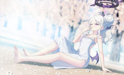 1girl ahoge bare_legs barefoot black_halo blue_archive breasts commentary demon_girl demon_horns demon_wings dress ereca feet hair_bun halo highres hina_(blue_archive) horns loli looking_at_another low_wings off_shoulder outdoors sitting small_breasts solo tree white_dress white_hair wings