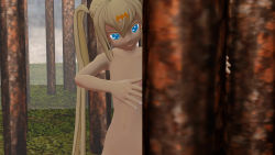 1girl 3d alice blonde_hair blue_eyes female_focus forest nature nude outdoors plant solo