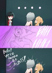 ... 1boy 2girls absurdres astra_yao black_hair blonde_hair chibi english_text evelyn_chevalier grey_hair highres multiple_girls nude red_eyes shouting surprised the_flying_toaster wise_(zenless_zone_zero) zenless_zone_zero