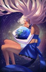 1girl bare_shoulders black_choker black_ribbon blonde_hair blush buttslayer choker closed_eyes closed_mouth dark-skinned_female dark_skin earth_(planet) elbow_gloves floating floating_hair giant giantess gloves highres hololive hololive_english hug long_hair planet ribbon sky smile solo space star_(sky) starry_sky tsukumo_sana tsukumo_sana_(1st_costume) very_long_hair virtual_youtuber white_choker white_gloves