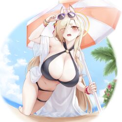 Rule 34 | 1girl, absurdres, animal ears, asymmetrical bangs, bare shoulders, beach, beach umbrella, bikini, black bikini, blonde hair, blue archive, blush, breasts, cleavage, extra ears, eyeliner, fox ears, hair over one eye, halo, highres, kaho (blue archive), large breasts, long hair, looking at viewer, makeup, navel, open mouth, shirt, short eyebrows, solo, sunglasses, swimsuit, takagi mitsukuni, thick eyebrows, umbrella, very long hair, white shirt, yellow eyes