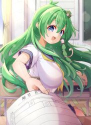 1girl alternate_costume artist_name blue_eyes blue_sailor_collar breasts commentary_request desk frog_hair_ornament futa_(nabezoko) green_hair hair_ornament hair_tubes holding holding_paper kochiya_sanae large_breasts long_hair looking_at_viewer neckerchief open_mouth paper sailor_collar sailor_shirt school_desk school_uniform shirt short_sleeves single_hair_tube sitting smile snake_hair_ornament solo touhou translation_request very_long_hair watermark watermark_grid white_shirt yellow_neckerchief