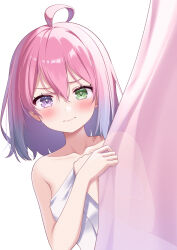 1girl absurdres ahoge blush breasts closed_mouth collarbone commentary covering_privates curtain_grab curtains gradient_hair green_eyes heterochromia highres himemori_luna hololive looking_at_viewer medium_hair multicolored_hair naked_towel pink_eyes pink_hair solo ssaaggwwaa symbol-only_commentary towel virtual_youtuber wet