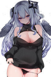 1girl absurdres amane_konata asymmetrical_bangs black_hair black_halo black_nails black_panties black_ribbon black_sweater blush breasts center-flap_bangs cleavage cleavage_cutout closed_mouth clothing_cutout colored_inner_hair commentary_request cowboy_shot double-parted_bangs feathered_wings fujisaki_hikari grey_hair grey_wings hair_ornament hair_over_one_eye hair_ribbon halo highres hololive large_breasts long_hair long_sleeves looking_at_viewer meme_attire mini_wings multicolored_hair nail_polish panties purple_eyes purple_hair ribbed_sweater ribbon shoulder_cutout simple_background single_hair_intake smile solo star_halo streaked_hair string_panties sweater turtleneck turtleneck_sweater two_side_up underwear virgin_killer_sweater virtual_youtuber white_background wings