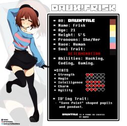 1girl ^_^ aged_up alternate_universe anime_coloring ankle_boots arm_at_side arm_behind_head bare_shoulders beret black_boots black_choker black_gloves black_hat black_skirt black_thighhighs blue_sweater blush boots breasts brown_hair character_age character_profile choker closed_eyes closed_mouth commentary curvy english_commentary english_text facing_viewer frisk_(undertale) full_body genderswap genderswap_(otf) gloves hair_between_eyes hat heart high-waist_skirt highres instagram_logo instagram_username ko-fi_logo ko-fi_username long_sleeves medium_breasts midriff_peek miniskirt nuvex off-shoulder_sweater off_shoulder pendant_choker pink_sweater puffy_long_sleeves puffy_sleeves short_hair simple_background skirt smile standing standing_on_one_leg striped_clothes striped_sweater sweater text_focus thighhighs tumblr_logo tumblr_username two-tone_sweater undertale white_background zettai_ryouiki zoom_layer