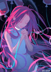 1girl absurdres alien_stage arm_tattoo artist_name blood blood_bag chinese_commentary choker closed_eyes commentary_request dress highres interlocked_fingers intravenous_drip juan_xin_cai long_hair mizi_(alien_stage) open_mouth own_hands_together pink_hair sleeveless sleeveless_dress solo space star_(sky) tattoo very_long_hair watermark weibo_watermark white_choker white_dress