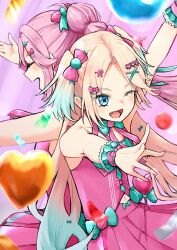 2girls ;d absurdres ahoge anyoji_hime aqua_shirt arms_up bare_shoulders blonde_hair blue_eyes blue_hair bow closed_eyes collarbone commentary curtained_hair fang gradient_hair hair_bow hair_intakes hair_ornament heart heart_hair_ornament highres letter_hair_ornament link!_like!_love_live! long_hair love_live! mendo_(mend0o0_) miniskirt mira-cra_park! multi-tied_hair multicolored_hair multiple_girls navel official_alternate_costume one_eye_closed open_mouth osawa_rurino parted_bangs pink_bow pink_hair pink_skirt pink_vest pleated_skirt ponytail profile shirt sidelocks skirt sleeveless sleeveless_shirt smile twintails underbust vest virtual_youtuber wawo!_(love_live!) x_hair_ornament