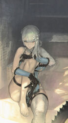 1girl bandaged_arm bandaged_leg bandaged_neck bandages barefoot black_gloves braid braided_hair_rings breasts feet flower foot_out_of_frame gloves hair_flower hair_ornament hair_rings high_heels highres kaine_(nier) knee_up large_breasts leg_up legs lingerie looking_at_viewer maeshima_shigeki nail_polish nier nier_(series) revision single_bare_shoulder solo toenail_polish toenails toes underwear yellow_eyes
