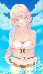 1girl arm_under_breasts bikini bikini_skirt blue_eyes blue_sky breasts cleavage cloud commentary cowboy_shot elysia_(honkai_impact) elysia_(miss_pink_elf)_(honkai_impact) elysia_(summer_miss_elf)_(honkai_impact) hairband highres honkai_(series) honkai_impact_3rd jewelry large_breasts looking_at_viewer midriff misallynne navel necklace official_alternate_costume outdoors pearl_necklace pink_hair shell shell_necklace sky solo swimsuit thighs wading white_bikini white_hairband