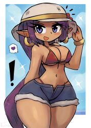 ! 1girl bikini blue_eyes blue_shorts blush bracelet breasts cleavage cloud collarbone dark_skin denim denim_shorts earrings flower hat hat_flower heart hoop_earrings jewelry large_breasts long_hair looking_at_viewer navel open_fly open_mouth pointy_ears purple_hair red_bikini shantae shantae_(series) shorts sky smile sparkle speech_bubble spoken_heart standing swimsuit thick_thighs thighs tony_welt underboob wayforward white_hat wide_hips