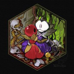 2girls apple blood containment_unit dress ebony_queen&#039;s_apple flaw_eight food fruit full_body golden_apple indoors leaf limbus_company lobotomy_corporation multiple_girls object_head plant plant_roots project_moon purple_dress red_dress skull snow_white&#039;s_apple vines