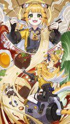 1girl :3 :d absurdres animal_ears black_gloves black_shirt black_shorts blue_shoes blush_stickers chopsticks cropped_jacket egg fingerless_gloves food gloves green_eyes highres holding holding_chopsticks holding_spoon hu_wei_(zenless_zone_zero) jacket ju_fufu long_hair noodles open_mouth ramen rx-c shirt shoes shorts smile solo spoon tail thigh_strap tiger_ears tiger_girl tiger_tail yellow_jacket zenless_zone_zero