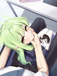 1boy 1girl black_tail blue_archive closed_mouth commentary demon_tail donut food food_on_face gloves green_hair green_halo halo highres hikari_(blue_archive) holding holding_donut holding_food indoors long_hair looking_at_viewer necktie onakkasuita pantyhose pointy_ears sensei_(blue_archive) sitting sitting_on_lap sitting_on_person tail white_gloves white_pantyhose yellow_eyes