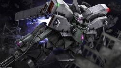 Rule 34 | absurdres, advance of zeta, artist request, beam rifle, clenched hand, company name, copyright notice, debris, energy gun, gelgoog stutzer, gundam, gundam battle operation 2, highres, holding, holding weapon, machinery, mecha, mecha focus, missile pod, mobile suit, no humans, official art, one-eyed, pink eyes, realistic, robot, ruins, science fiction, solo, space, space habitat, sunrise (company), thrusters, weapon, wreckage, zeon