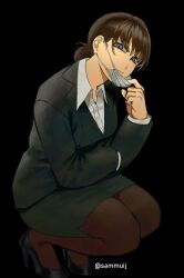 1girl black_background black_hair black_jacket black_pantyhose black_skirt blue_eyes chainsaw_man closed_mouth collared_shirt commentary high_heels highres jacket mask mask_pull mitaka_asa mouth_mask pantyhose pencil_skirt sammuij shirt simple_background skirt solo squatting suit_jacket symbol-only_commentary twitter_username white_shirt
