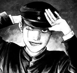 1boy adjusting_clothes adjusting_headwear biting_own_lip commentary_request fiery_background fire gakuran gakuseibou glaring greyscale grin hands_up hat litchi_hikari_club long_sleeves looking_at_viewer male_focus monochrome niko_(litchi_hikari_club) one_eye_closed portrait scar scar_across_eye scar_on_face school_uniform smile solo wymaaa