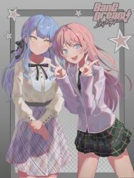 2girls absurdres bang_dream! bang_dream!_it&#039;s_mygo!!!!! black_ribbon blue_hair braid brown_shirt chihaya_anon closed_mouth commentary copyright_logo diagonal-striped_clothes diagonal-striped_necktie double_v earrings fang green_necktie green_skirt grey_eyes grey_jacket grey_skirt hair_ribbon haneoka_school_uniform highres jacket jewelry long_hair looking_at_viewer misaki_(xxxhackerxxxxx) multiple_girls necktie open_mouth pink_hair plaid_clothes plaid_skirt pleated_skirt ribbon school_uniform shirt sidelocks skirt star_(symbol) striped_clothes teeth togawa_sakiko upper_teeth_only v