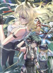 3girls absurdres arm_strap ass bare_shoulders black_gloves black_hair black_hat black_horns black_pants blonde_hair breasts closed_mouth colleen_(wuthering_waves) commentary_request cross-laced_clothes cross-laced_dress curled_horns dress female_rover_(wuthering_waves) gloves green_eyes grey_vest hair_ribbon hand_up hat highres horns large_breasts long_hair looking_at_viewer low_ponytail mole mole_on_breast multiple_girls pants parted_lips pelvic_curtain ponytail red_eyes ribbon rover_(wuthering_waves) shirt shirt_tucked_in short_shorts shorts sleeveless sleeveless_dress torn_clothes torn_shirt vest white_shirt wuthering_waves yellow_eyes yellow_ribbon yilubixi zani_(wuthering_waves)