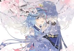 280548709 2girls :d absurdres blue_eyes blue_hair blurry blurry_foreground branch cherry_blossoms dappled_sunlight falling_petals fangs fingerless_gloves flower gloves gradient_hair hair_flower hair_ornament haiyi hands_on_another&#039;s_shoulders hexagram hexagram_hair_ornament highres hug japanese_clothes jewelry kimono long_hair long_sleeves looking_at_viewer medium_hair multicolored_hair multiple_girls obi open_mouth petals ring sash smile star_of_david sunlight synthesizer_v twintails upper_body vocaloid vsinger_(vocaloid) white_background xingchen yuri