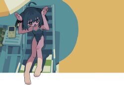 1girl ahoge alternate_costume arms_up barefoot beach_chair beach_umbrella black_hair chinese_commentary commentary covered_navel detached_ahoge from_above frown full_body game_boy handheld_game_console highleg highleg_one-piece_swimsuit highres jitome litamisu one-piece_swimsuit open_mouth rabbit_pose reclining red_eyes school_swimsuit scrunchie shade short_hair solo swimsuit touhoku_kiritan twintails umbrella v-shaped_eyebrows voiceroid wrist_scrunchie