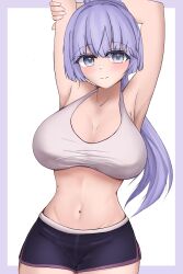 absurdres blush breasts date_a_live grey_eyes grey_hair gym_shirt gym_shorts highres izayoi_miku kunshulucas long_hair navel shirt shorts sweat thighs
