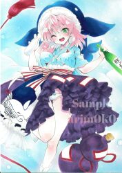 1girl ;o absurdres arim0k0 artist_name blue_background blue_hat blue_shirt bottle breasts commentary gourd green_eyes hat highres large_breasts marker_(medium) medium_breasts okunoda_miyoi one_eye_closed open_mouth panties pantyshot pink_hair purple_skirt sample_watermark shirt short_hair short_sleeves skirt solo tokkuri touhou traditional_media underwear watermark whale_hat white_panties