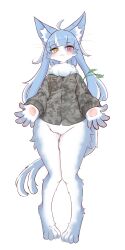1boy :3 absurdres ahoge animal_ear_fluff animal_ears blush bottomless breasts camouflage camouflage_jacket cat_ears cat_tail cowboy_shot full_body furry furry_male heterochromia highres jacket japan_air_self-defense_force_omaezaki_sub-base long_hair male_focus male_with_breasts medium_breasts no_shoes official_art omaneko outstretched_arms red_eyes solo tail tirpitz_bis very_long_hair yellow_eyes