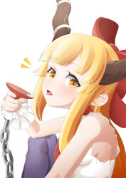 1girl alcohol blonde_hair blunt_bangs blush bow breasts brown_horns commentary_request cuffs cup hair_bow highres holding holding_cup horns ibuki_suika kurohiba long_hair looking_at_viewer notice_lines open_mouth purple_skirt red_bow sake shirt sideboob sidelocks simple_background skirt sleeveless sleeveless_shirt small_breasts solo tongue tongue_out touhou upper_body white_background white_shirt wrist_cuffs yellow_eyes