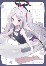 1girl barefoot black_wings blue_archive blue_one-piece_swimsuit breasts demon_girl demon_horns demon_wings full_body halo highres hina_(blue_archive) hina_(swimsuit)_(blue_archive) horns innertube long_hair looking_at_viewer meibi_1 name_tag official_alternate_costume one-piece_swimsuit one_side_up purple_eyes purple_halo school_swimsuit small_breasts solo swim_ring swimsuit whistle whistle_around_neck wings