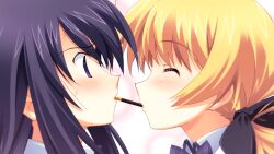 2girls aoi_sena black_bow blonde_hair blush bow bowtie chaos;head chaos;head_love_chu_chu! closed_eyes collared_shirt face-to-face food food_in_mouth game_cg hair_bow imminent_kiss incoming_pocky_kiss long_hair long_sidelocks looking_at_another matsuo_yukihiro mouth_hold multiple_girls nervous_sweating non-web_source official_art orihara_kozue pink_lips plaid_bow plaid_bowtie plaid_clothes pocky pocky_in_mouth pocky_kiss purple_bow purple_bowtie purple_eyes purple_hair school_uniform shared_food shiny_eyes shiny_lips shiny_skin shirt sidelocks suimei_school_uniform suimei_summer_uniform sweat sweatdrop twintails white_shirt worried yuri