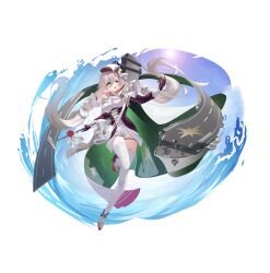 1girl absurdres aquila_(azur_lane) azur_lane boots breasts cape chinese_commentary commentary_request flight_deck gloves green_cape green_eyes hair_between_eyes highres long_hair long_hair_between_eyes long_sleeves medium_breasts purple_gloves solo thighhighs twintails very_long_hair waving white_boots white_hair white_thighhighs youni_xiaoutu_nan