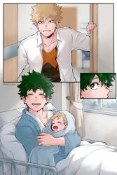 1girl 2boys after_birth aged_up artist_name baby bakudeku bakugou_katsuki bed blanket blonde_hair boku_no_hero_academia bones_(company) child curly_hair door freckles green_eyes green_hair highres hospital hospital_bed indoors male_pregnancy messy_hair midoriya_izuku multiple_boys newborn_baby omegaverse pregnant rinriemie room shounen_jump smile spiked_hair window yaoi