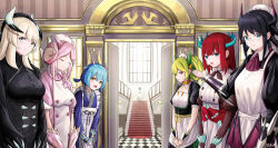 6+girls apron black_dress blue_eyes blue_hair blue_kimono blush braid breasts chamber_dragonmaid chef closed_eyes closed_mouth crown_braid detached_collar dragon_girl dragon_wings dress duel_monster eastern_dragon_horns ebiri_fy fingerless_gloves frilled_apron frilled_hairband frilled_sleeves frills glasses gloves green_eyes green_hair hair_between_eyes hair_ornament hairband hallway hat highres house_dragonmaid japanese_clothes kimono kitchen_dragonmaid large_breasts laundry_dragonmaid long_hair long_sleeves looking_at_viewer maid maid_apron maid_headdress medium_breasts mixed_maids multiple_girls nurse nurse_cap nurse_dragonmaid open_mouth orange_eyes parlor_dragonmaid pink_dress pink_hair puffy_short_sleeves puffy_sleeves red_carpet red_hair short_hair short_sleeves short_twintails side_braid smile stairs twintails victorian_maid wa_maid waist_apron white_apron white_hair wide_sleeves wings wrist_cuffs yu-gi-oh!