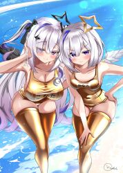 2girls amane_kanata amane_konata bare_shoulders beach bent_over black_halo blue_hair breasts cleavage collarbone cowboy_shot gold_one-piece_swimsuit gold_thighhighs golden_week_bikini grey_hair halo highres hololive inokeiwd large_breasts long_hair missing_commentary multiple_girls ocean one-piece_swimsuit purple_eyes purple_hair short_hair siblings sisters skindentation small_breasts star_halo sunlight swimsuit two_side_up virtual_youtuber yellow_halo