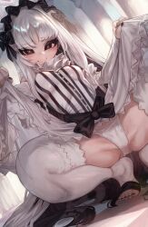 1girl absurdres bare_shoulders black_bow black_hair blush bow braid breasts clothes_lift collar colored_inner_hair detached_sleeves dress fate/strange_fake fate_(series) francesca_prelati_(fate) frilled_collar frills grey_eyes hair_bow highres long_hair looking_at_viewer m0_chi multicolored_hair nail_polish panties parted_bangs ringed_eyes sidelocks skull_print small_breasts smile solo spread_legs squatting striped_clothes striped_dress thighhighs toeless_legwear toenail_polish toenails twin_braids underwear very_long_hair white_dress white_hair white_panties white_thighhighs