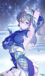 1girl absurdres arm_behind_head arm_fins arm_up armpits blue_dress blue_eyes breasts detached_sleeves dress duel_monster fins fish_girl grey_hair head_fins highres jewelry kitkallos_(yu-gi-oh!) large_breasts long_hair long_sleeves looking_at_viewer open_mouth presenting_armpit primeval_planet_perlereino rare_lemon sideboob sky sleeveless sleeveless_dress solo star_(sky) starry_sky tearlaments_kitkallos tiara white_tiara yu-gi-oh!