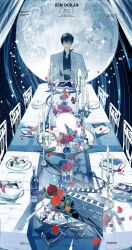 1boy absurdres alcohol atmospheric_perspective banquet black_hair black_shirt blue_liquid book candlestand chair clapperboard closed_eyes coat collared_shirt cup curtains cutlery drinking_glass envelope falling_petals film_reel flower full_moon glass_bottle grin hair_between_eyes hand_on_own_chest haze highres kim_dokja lantercat light_particles male_focus moon omniscient_reader&#039;s_viewpoint orange_flower orange_rose outstretched_hand paper petals plate red_flower red_rose rose shadow shirt short_hair smile solo sparkle star_trail tablecloth thorns too_many too_many_books upper_body white_coat wine_glass