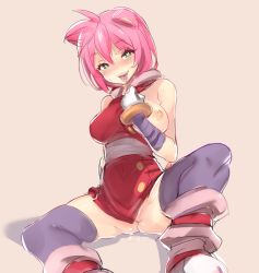 1girl ahoge amy_rose animal_ears bare_shoulders black_thighhighs blush breast_slip breasts dress female_focus green_eyes heart heart-shaped_pupils humanization large_breasts looking_at_viewer naso4 nipples no_panties one_breast_out open_mouth personification pink_hair pussy pussy_juice pussy_peek short_hair simple_background sitting sketch smile solo sonic_(series) sonic_boom_(series) sonic_the_hedgehog spread_legs sweat symbol-shaped_pupils thighhighs tongue tongue_out