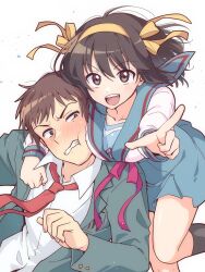 Rule 34 | 1boy, 1girl, absurdres, armband, black socks, blazer, blue sailor collar, blue skirt, brown eyes, brown hair, collared shirt, commentary request, green jacket, hair ribbon, hairband, highres, jacket, kita high school uniform, kneehighs, kyon, long sleeves, looking at viewer, medium hair, necktie, open clothes, open jacket, pleated skirt, red armband, red necktie, red ribbon, ribbon, sailor collar, school emblem, school uniform, serafuku, shirt, short hair, simple background, skirt, socks, suzumiya haruhi, suzumiya haruhi no yuuutsu, taiki (6240taiki), teeth, white background, white shirt, winter uniform, yellow hairband, yellow ribbon