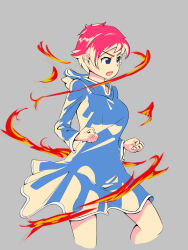 1girl absurdres blue_dress blue_eyes blue_hood clenched_hands dress fire grey_background highres hood hood_down hooded_dress kumatora lewd_genital mother_(series) mother_3 nintendo open_mouth pink_hair pyrokinesis short_hair simple_background solo teeth thighs upper_teeth_only v-shaped_eyebrows