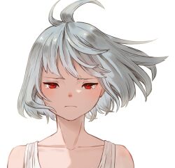 Rule 34 | 1girl, absurdres, closed mouth, collarbone, commentary request, floating hair, grey hair, highres, ito yoshi, light frown, looking at viewer, original, portrait, red eyes, sad, shirt, short hair, simple background, sleeveless, sleeveless shirt, straight-on, tearing up, tears, white background, white shirt