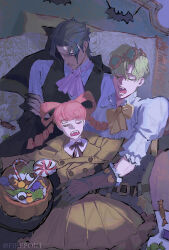 1girl 2boys ace_attorney artist_name ascot barok_van_zieks bat_(animal) bed belt black_coat black_hair black_nails black_vest blonde_hair bow-shaped_hair braid brown_belt brown_coat brown_dress brown_gloves brown_pants brown_ribbon brown_skirt buttons candy candy_cane cheek_squash child closed_eyes coat collar collared_shirt crossed_arms curtained_hair dress dress_shirt drill_hair eyewear_on_head fangs firepok food frilled_collar frilled_gloves frilled_shirt frilled_skirt frilled_sleeves frills gloves hair_rings hair_slicked_back halloween halloween_bucket halloween_costume hand_on_another&#039;s_stomach head_on_another&#039;s_shoulder head_on_another&#039;s_stomach head_on_pillow herlock_sholmes highres iris_wilson lollipop long_hair multiple_boys neck_ribbon on_bed open_mouth outstretched_arms pants parted_bangs pillow pink_ascot pink_hair pleated_skirt puffy_sleeves ribbon shirt short_hair sidelocks skirt sleeping sleeping_on_person sleeping_together spoilers t-pose the_great_ace_attorney twin_drills twintails uncle_and_niece unworn_coat vampire_costume vest white_shirt yellow_ribbon