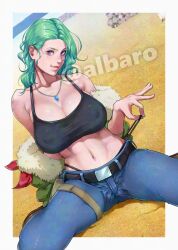 1girl albaro belt black_belt black_shirt black_tank_top border breasts coat commission denim desert emmie_(pokemon_ecchi) female_focus green_hair jeans jewelry large_breasts long_hair looking_at_viewer navel necklace nintendo panties pants panty_peek pokemon pokemon_ecchi purple_eyes sand shirt sitting smile solo strap_pull tank_top teasing underwear variant_set